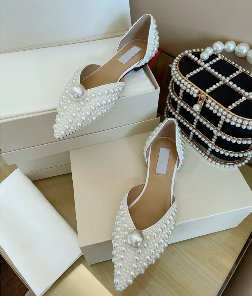 Pointy Pearl Wedding Flat Sandals Women's ankle wrap white bridal Sandals Late High Heels Casual party 2023 Women's Summer Sanda