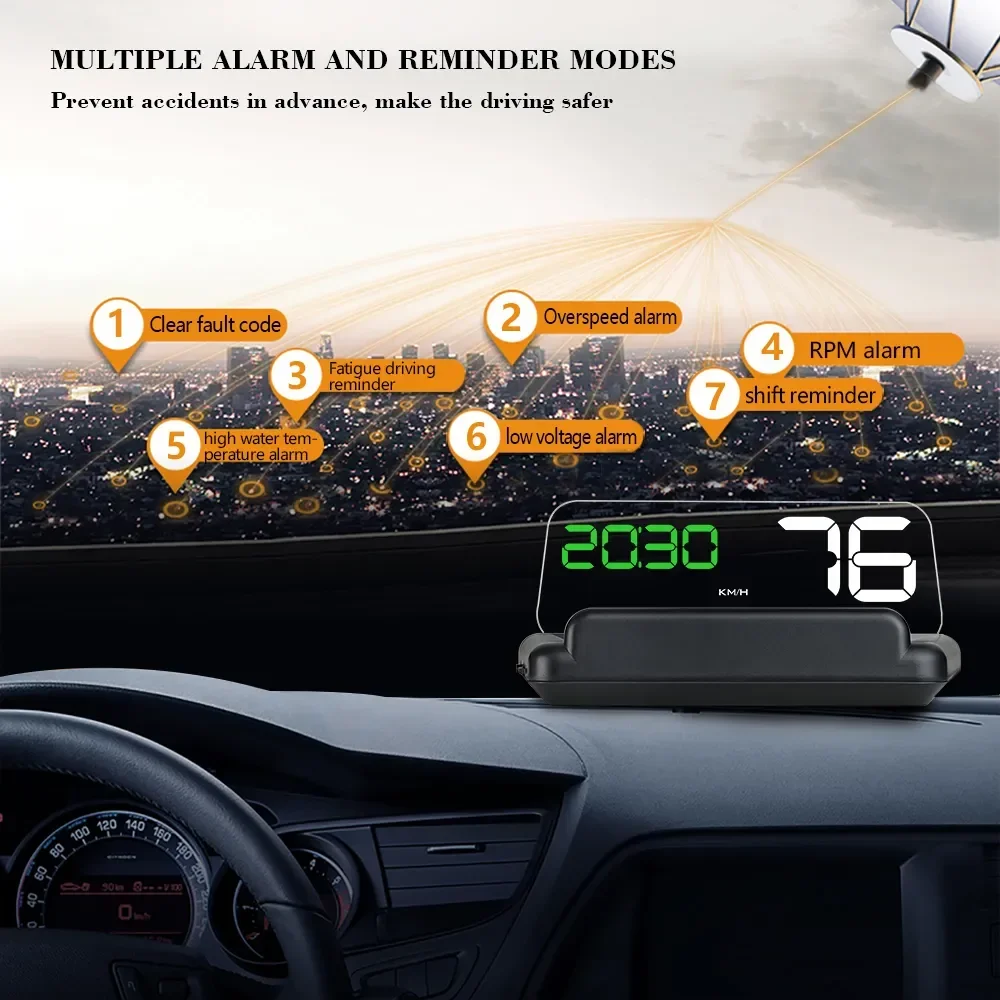 

OBD2 Speedometer Water Temp RPM Voltage Alarm C500 Mirror HUD Windshield Projector Car Head Up Display Car Security Alarm