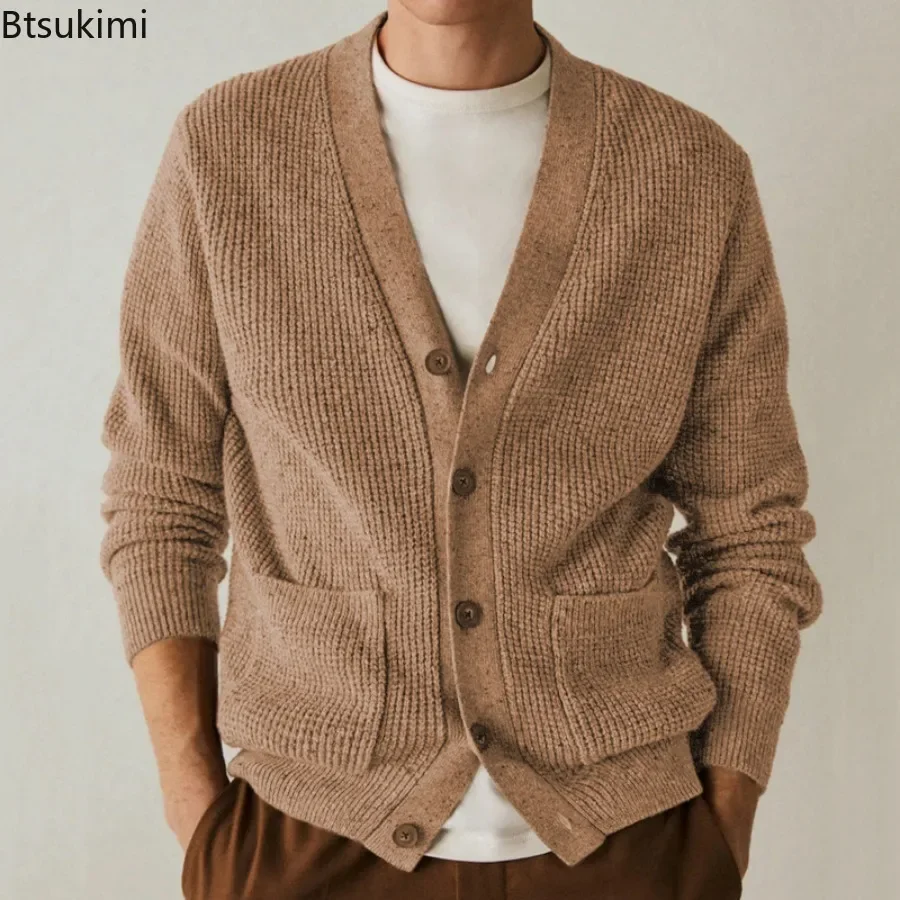 

New 2025 Autumn Winter Men's Knitted Sweaters Warm Coats Mens Streetwear Single Breasted Top V-neck Cardigan Brown Sweater Male