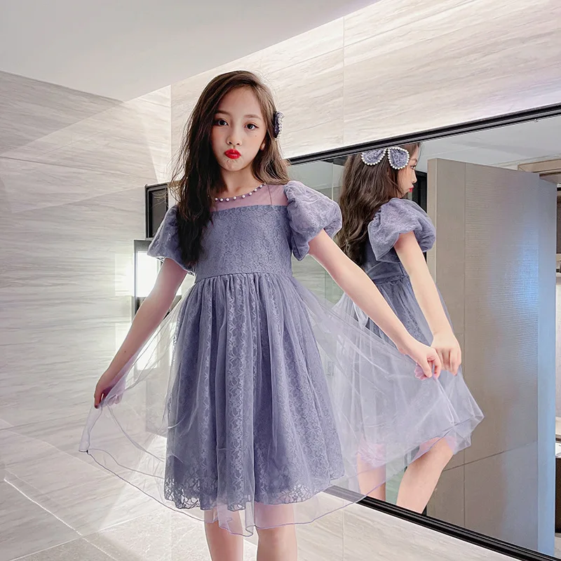 2023 korea Summer teens kids purple Girls clothes pearl Dress bow mesh lace princess shoulderless Bubble dresses 5 8 10 12 year