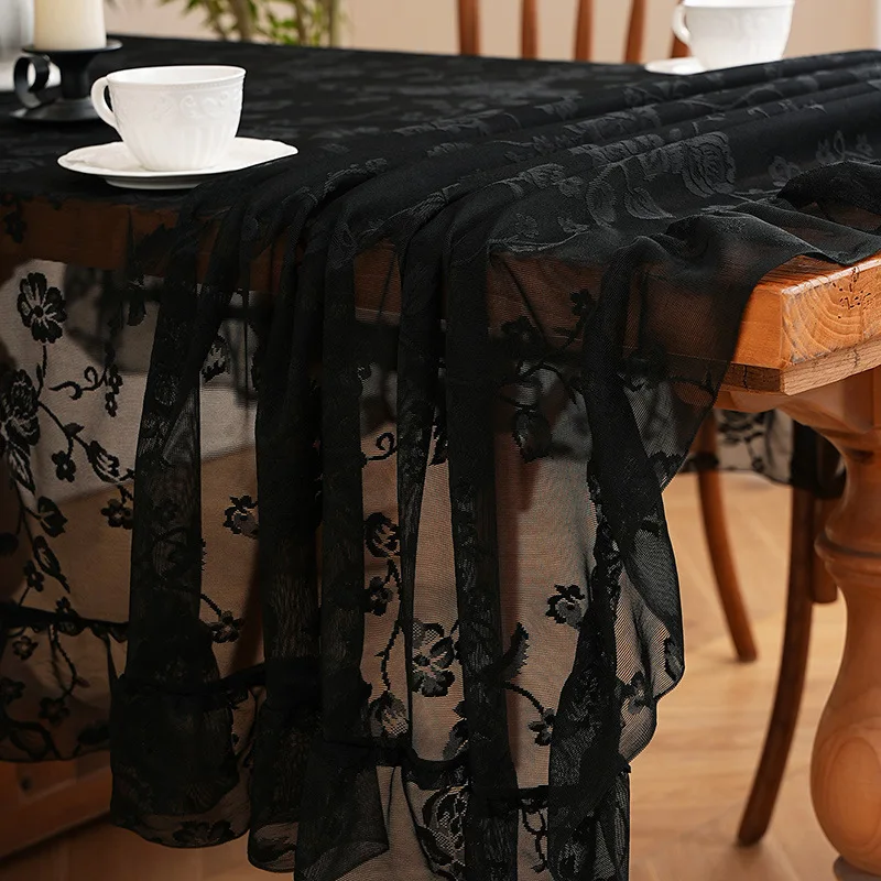 French Jacquard Floral Lace Black Tablecloth Solid Color Dust-Proof Wedding Decoration Tablecloths Rectangular Table Cloths