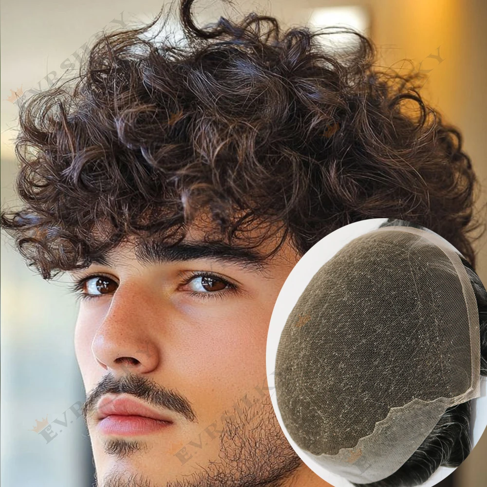 خط شعر طبيعي للرجال 25 مللي متر مجعد رماد بني أشقر شعر مستعار شعر بشري حقيقي دانتيل سويسري عقدة مبيضة Q6 1B30 نظام رمادي قطع شعر #1