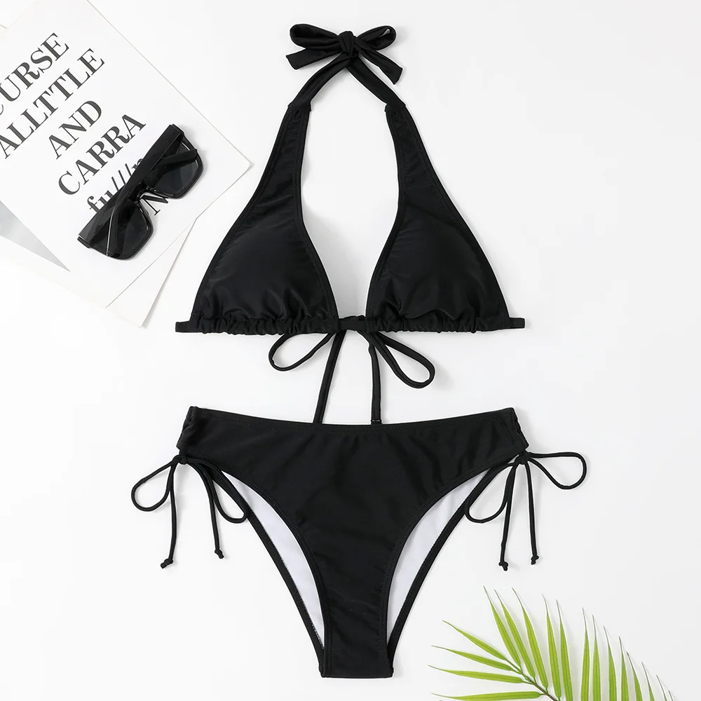 Fashion Beach Woman 2 Piece Outfit Set Summer Holiday Bandage Lace-Up Bikini Summer Suit Sexy Solid Color Swimwear With Panties