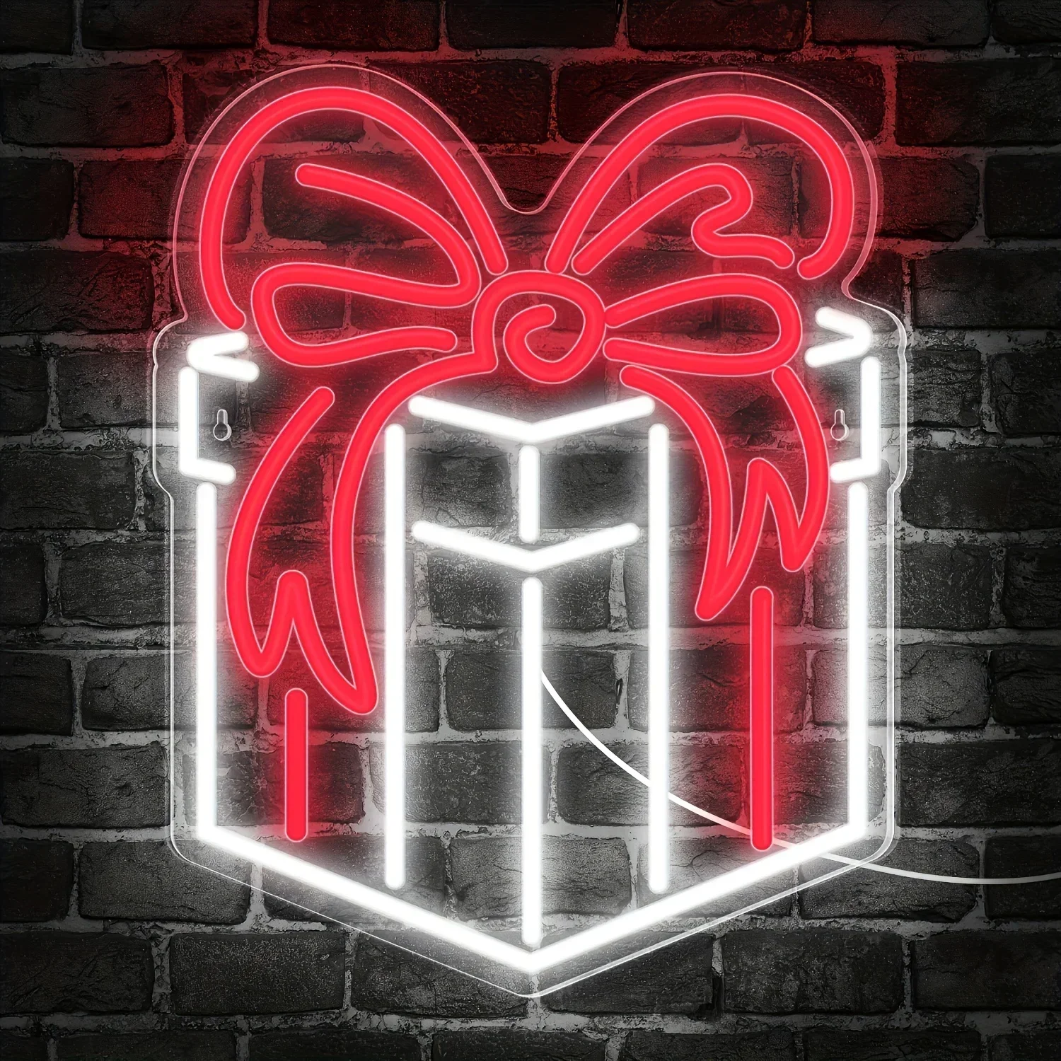 Red White Gift Box Bow Neon Sign Present LED Wall Art Acrylic USB Powered Dimmable Light Decor for Xmas Birthday Party
