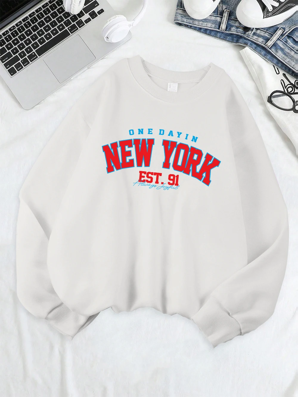 New York One Dayin Est.91 프린트 스웨트 여성 루즈 기본 후드 양털 따뜻한 크루 넥 의류 겨울 여성 streetwear