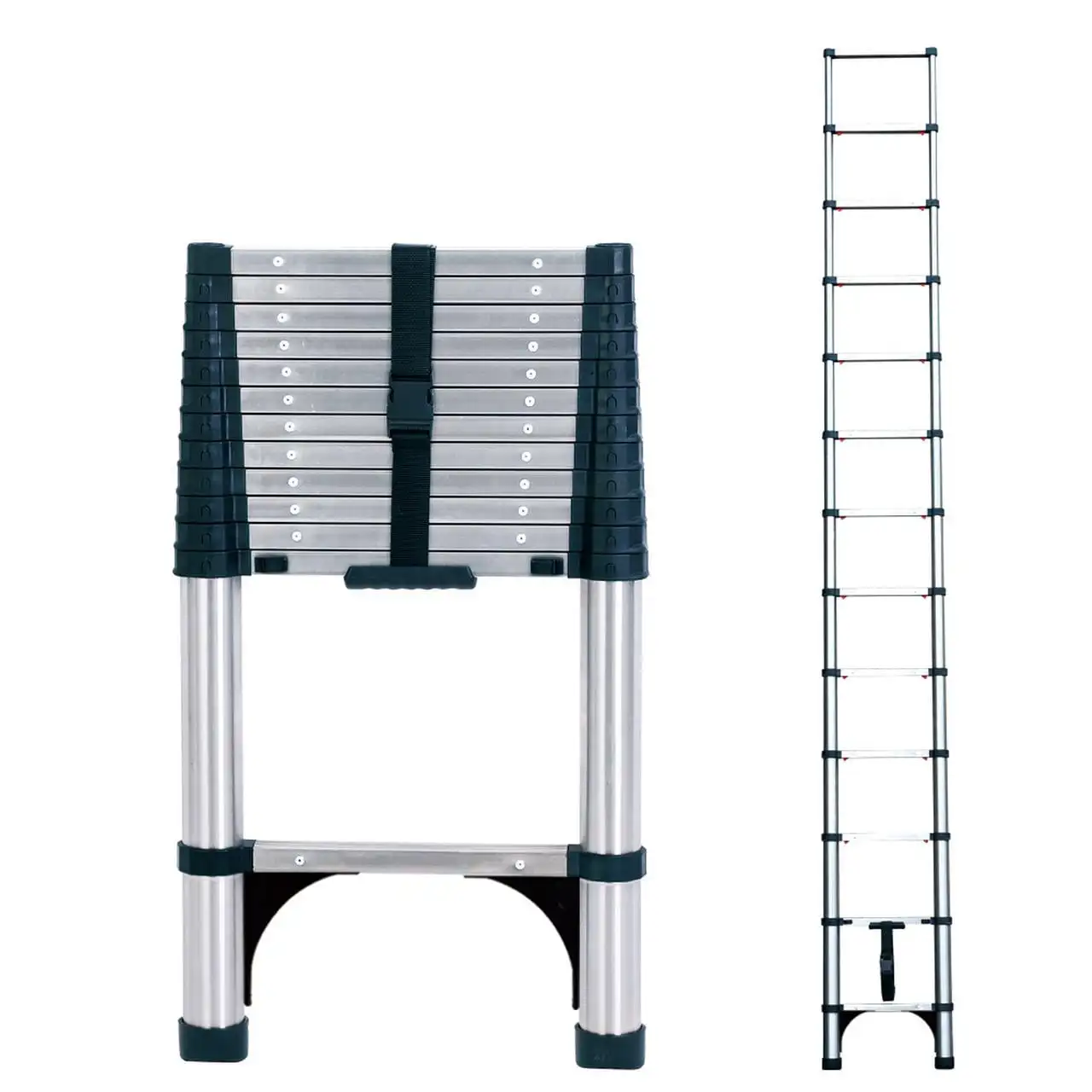 

12.5FT Retraction Stainless Steel Telescoping Extension Ladder with 2 Triangle Stabilizers Heavy Duty 330lbs Max Capacity