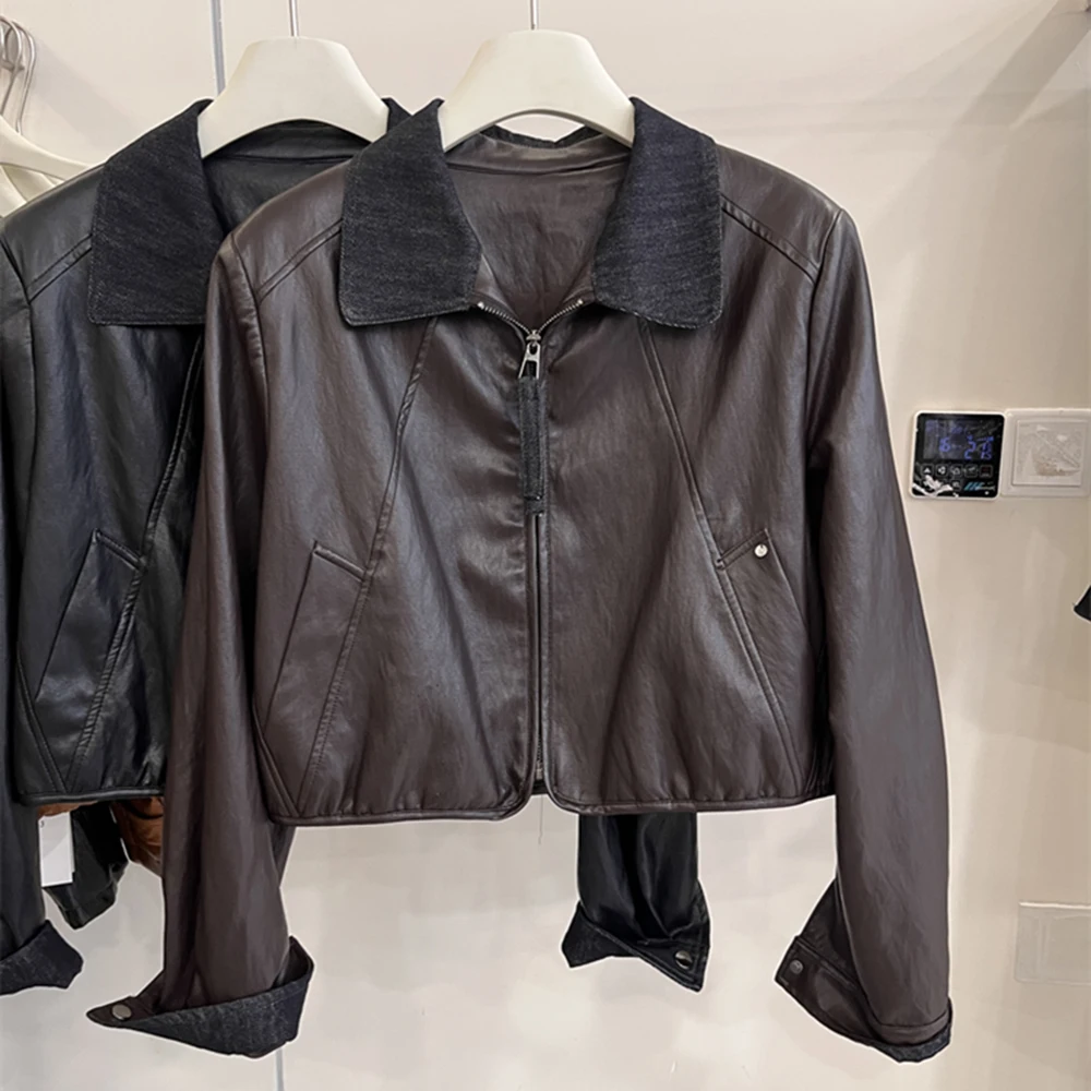 

Женская короткая кожаная куртка, новая весенне-осенняя куртка с отложным воротником на молнии, винтажное универсальное мягкое коричневое пальто из искусственной кожи с цветными блоками