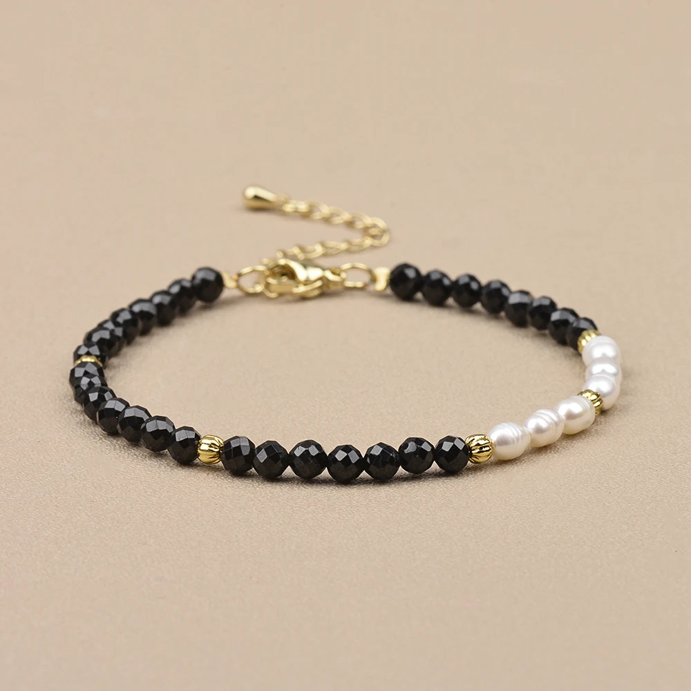 4MM Nature Stone Bracelet Black Spinel Brass Beads and Freshwater Pearl Bracelet For Men And Women Daily Wear Holiday Gifts