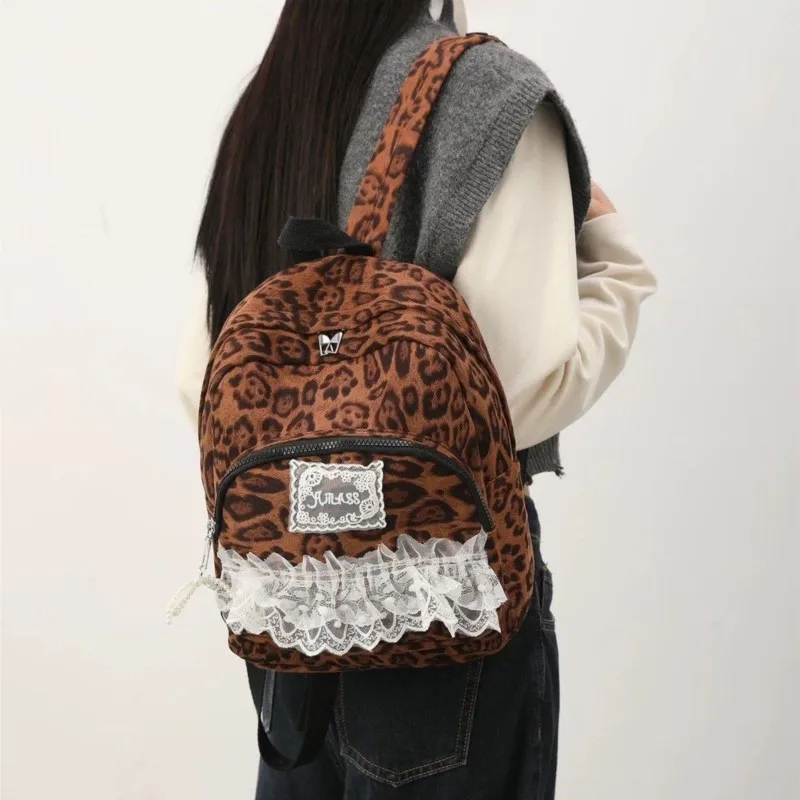 حقيبة ظهر نسائية من الدانتيل على شكل الفهد من Hot Girl حقيبة ظهر كلاسيكية ذات سعة كبيرة للسيدات Harajuku Y2k جماليات خفيفة الوزن Mochilas Mujer Chic #2