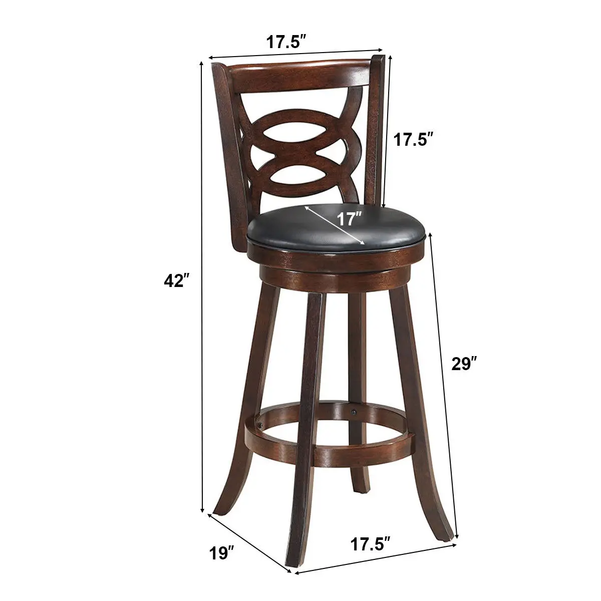 Costway Set of 2 Bar Stools 29'' Height Wooden Swivel Backed Dining Chair Home Kitchen