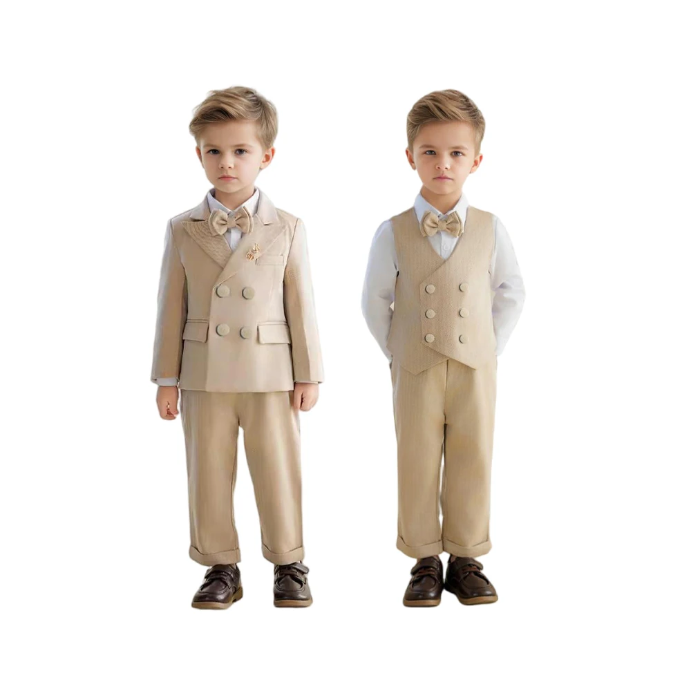 

Boys Formal Khaki Suit Set Children Birthday Host Performance Photography Costume Kids Blazer Pants Bowtie Outfit