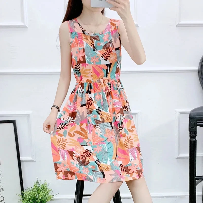 Vestido floral de seda de algodão feminino, sem mangas, elegante, fino, férias, vestidos de praia, vestido feminino, moda verão, novo, 2024