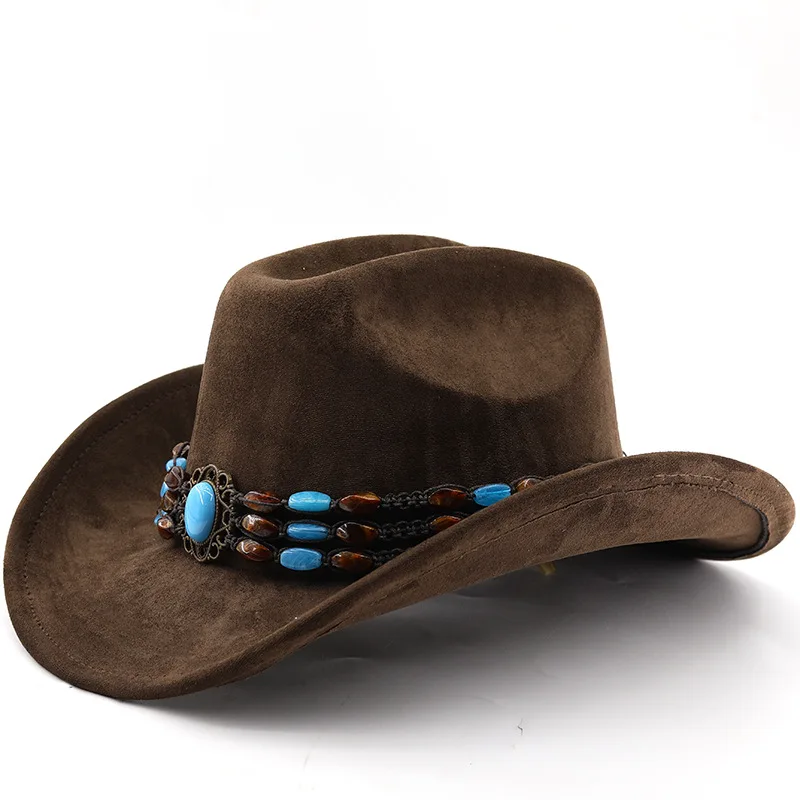 Western-Cowboyhut aus Wildleder zum Reiten für Männer und Frauen, Outdoor-Reisehut mit gerollter Krempe, Zylinderhut im Ethno-Stil, Filzhut – Detail 10