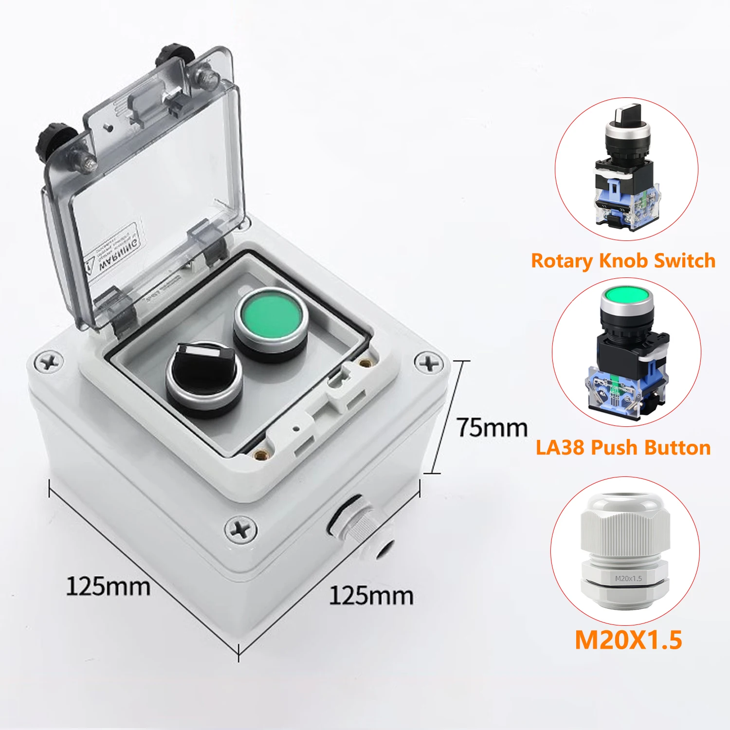ABILKEEN Outdoor IP67 Waterproof Push Button Junction 2 Hole Box with LA38 Push Button 2/3Position Rotary Knob Selector Switch