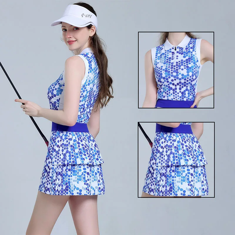 G-life Female Sleeveless Slim Golf Tops Breathable Elastic Sports Vest Summer Women Printed Golf Skirts Pleated Skorts Set