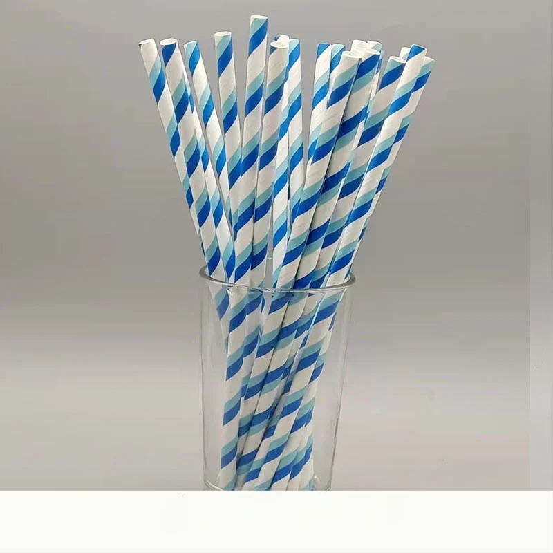 25/50pcs Disposable Paper Straws  Degradable Paper Blue Series Party Tableware Wedding Decoration Supplies Kids Birthday