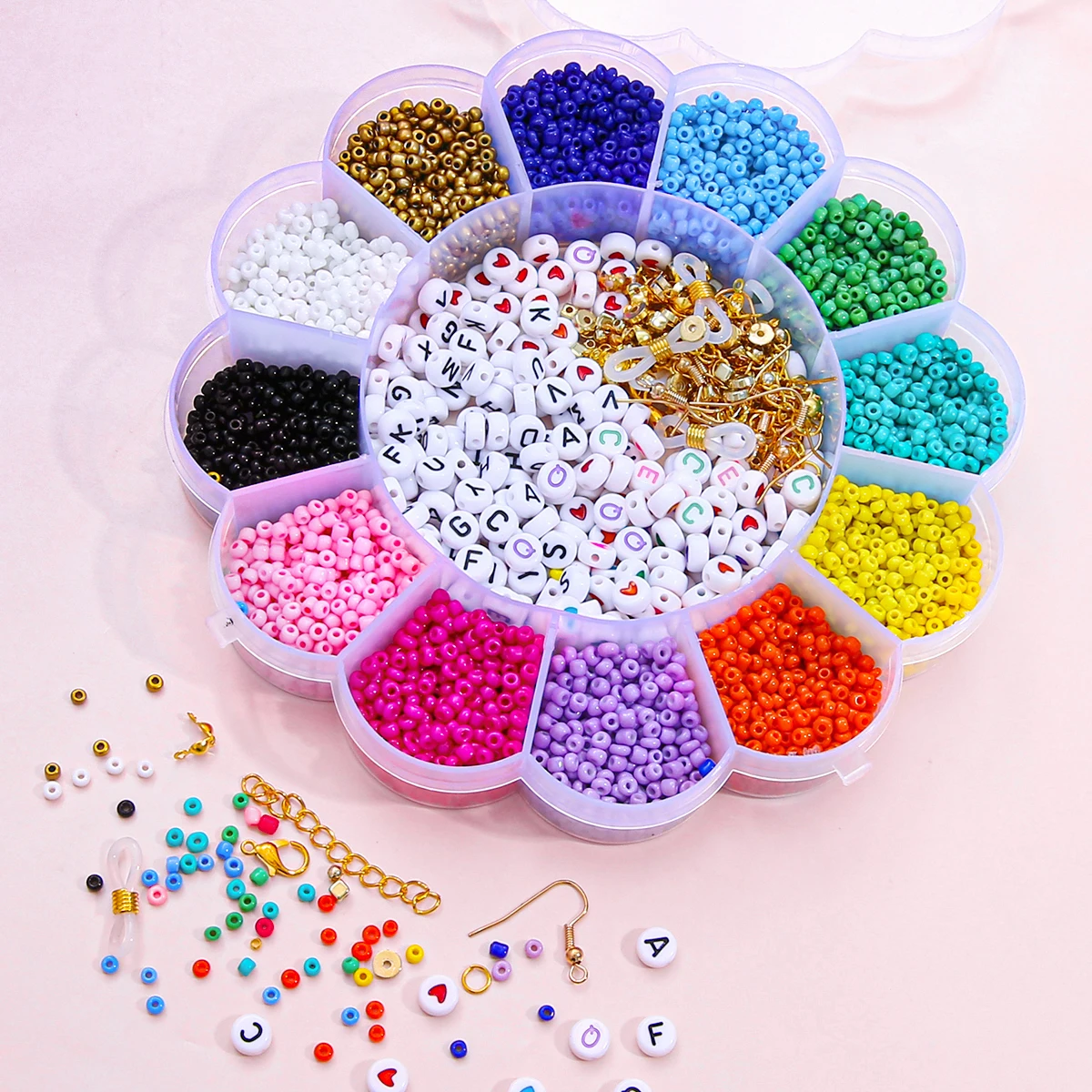 1set/Bag12 Grid Plum Blossom Box Set with Rice Beads, Letter Beads, Scattered Beads, Handmade DIY Making Bracelets, Necklaces, J