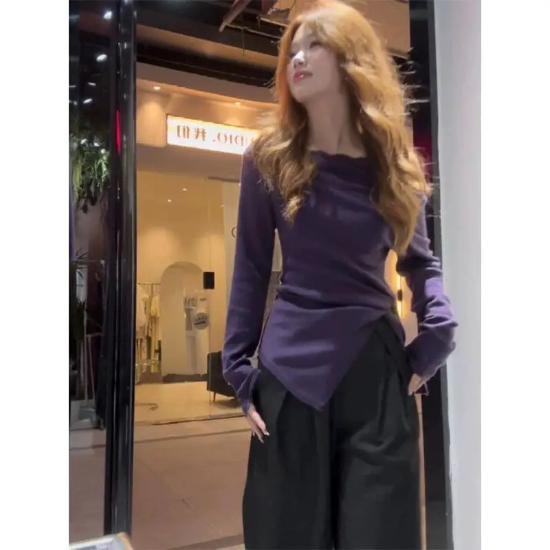 

New Style, Waist-hugging, Irregular Mid-length Tops French Style One-shoulder Base Shirt for Women in Autumn