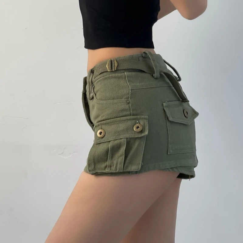 DEEPTOWN Denim Cargo Mini Skirt Women Korean Style Low Waist Slim Sexy Vintage Streetwear Green Jean Skirt Y2k Girl Summer