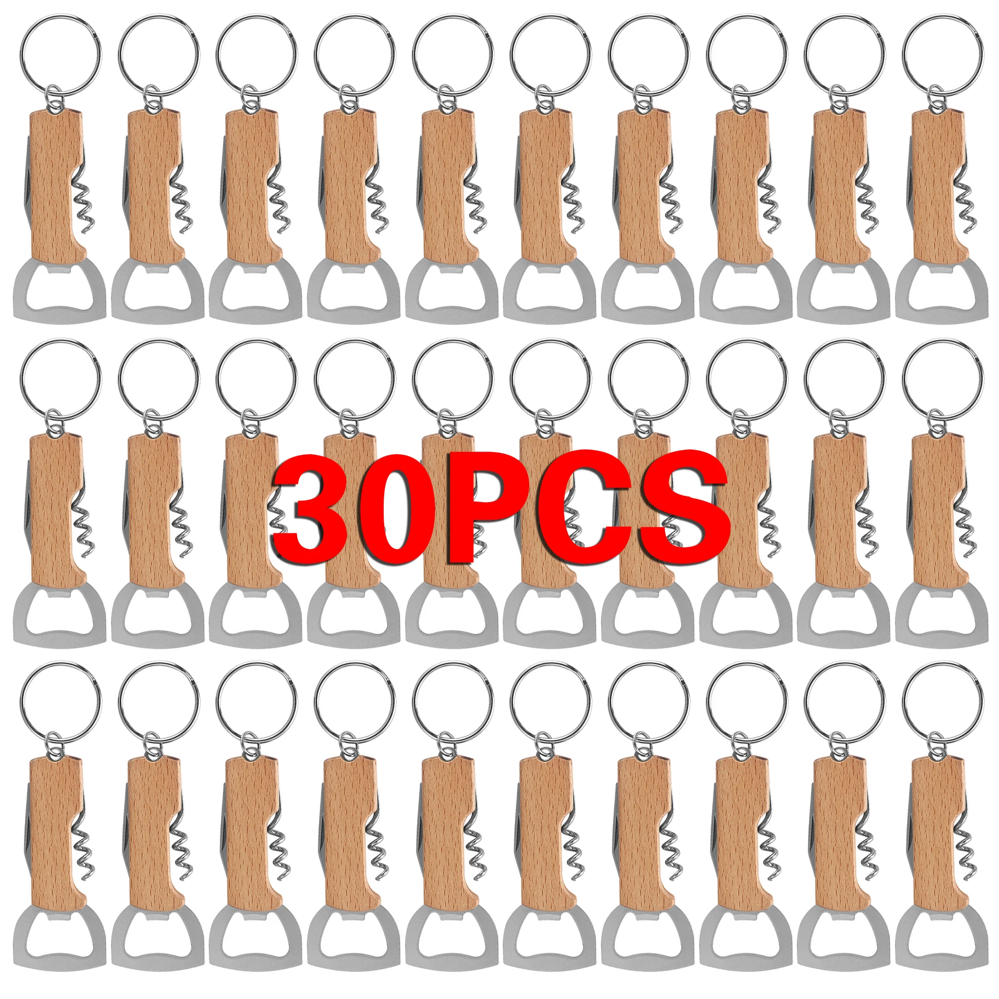 30 adet çok fonksiyonlu taşınabilir bira şişe açacağı anahtarlık ile Metal kayın ahşap şarap tirbuşon açacağı konserve açacağı erkek hediye