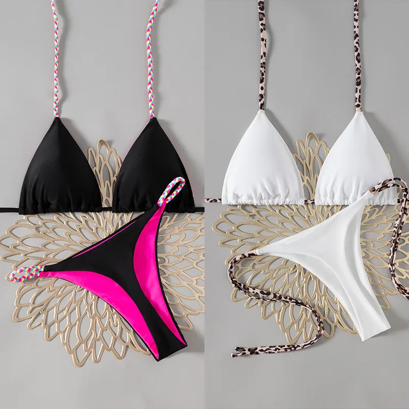 

Lace-up Solid Color G-string Sexy Bikini Split Swimsuit Women