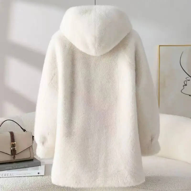 Long Mink Cashmere Coat Women 2027 Winter New Mink Fur Jacket Feminine High Quality Outerwear Hooded Padded Overwear Ladies Tops