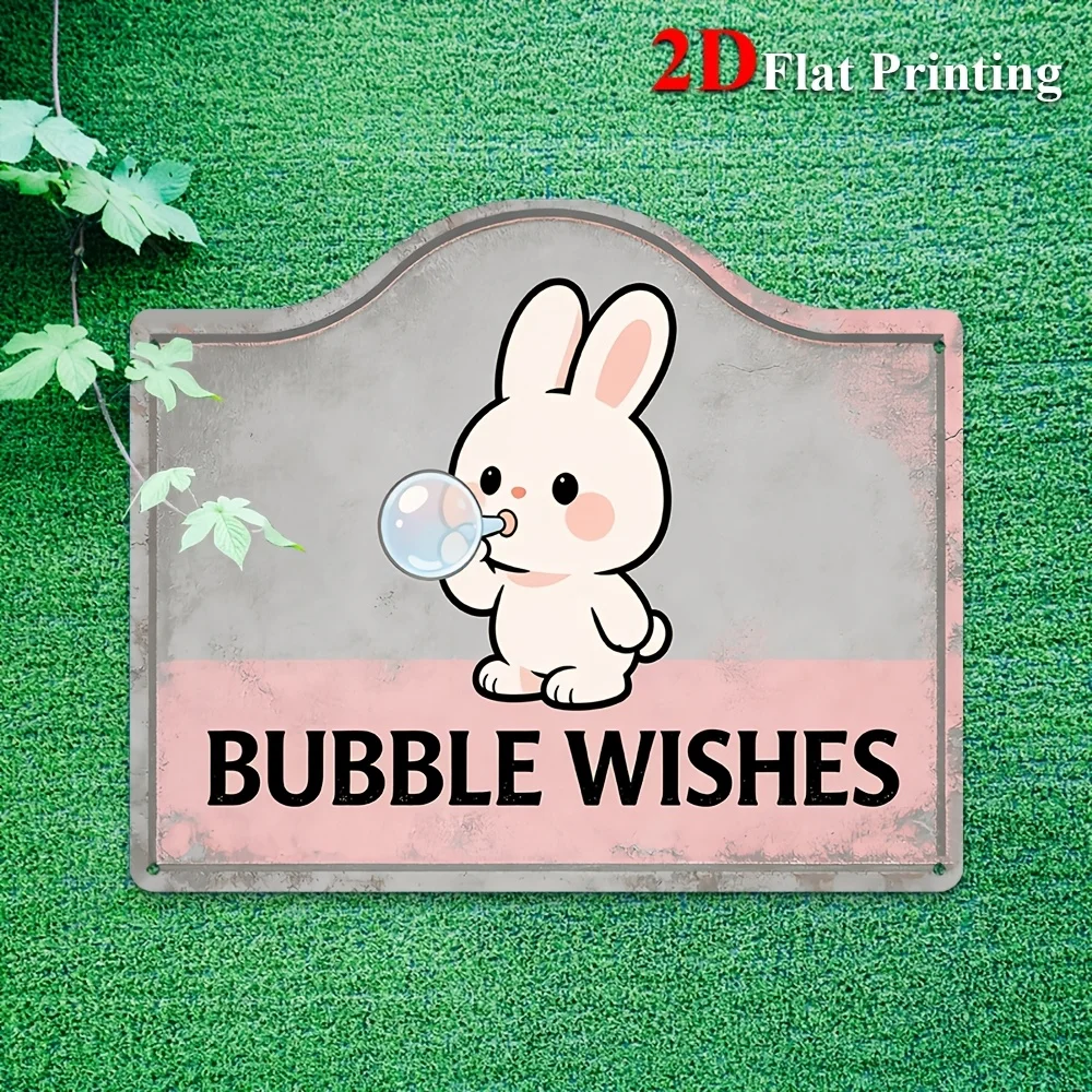 2D Flat Aluminum Sign Artwork Depicting An Adorable Bunny Blowing Bubbles With The Phrase 'Bubble Wishes', Ideal For Decorating