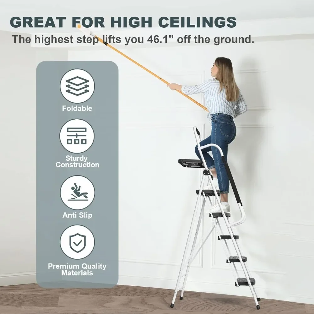 For 5 Step Ladder with Handrails, Folding Step Stool with Tool Platform, Sturdy& Portable Steel Ladder for Adults, 330LBS