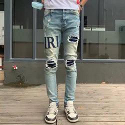 Jeans de couro azul retrô masculino, calça stretch, slim fit, piercing, marca de hip hop, designer, moda de rua alta, novo