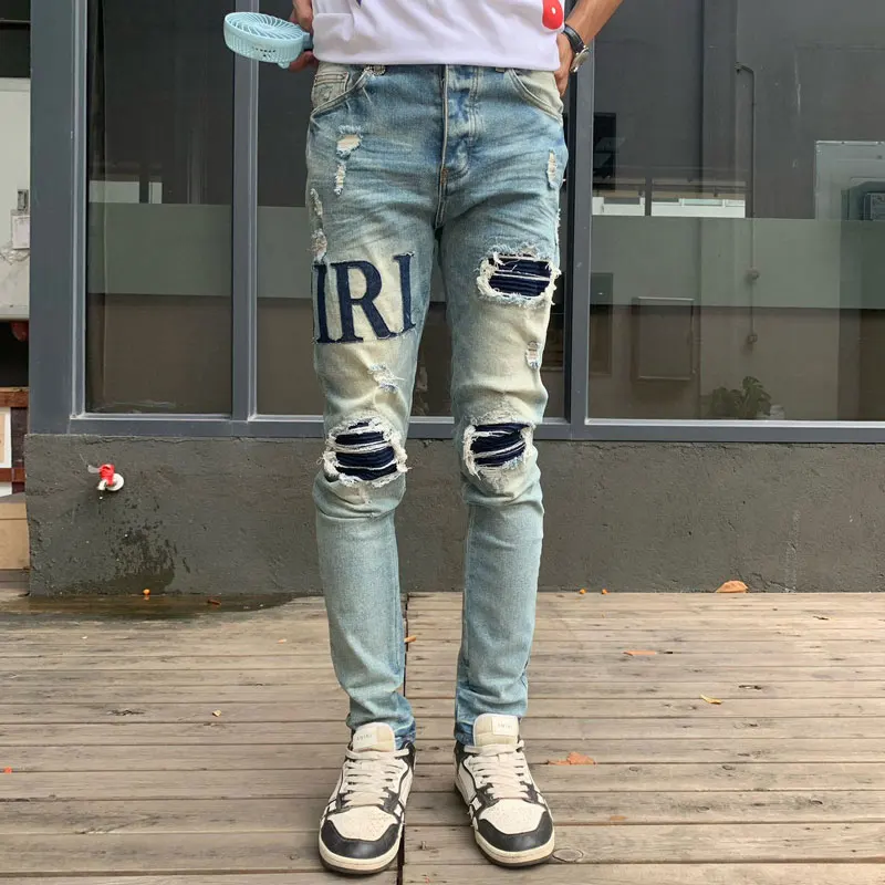 Designer High Street Fashion New Retro Blue Men's Jeans Stretch, Slim Fit, Piercing Leather Jeans Hip Hop Brand Pants Hombre