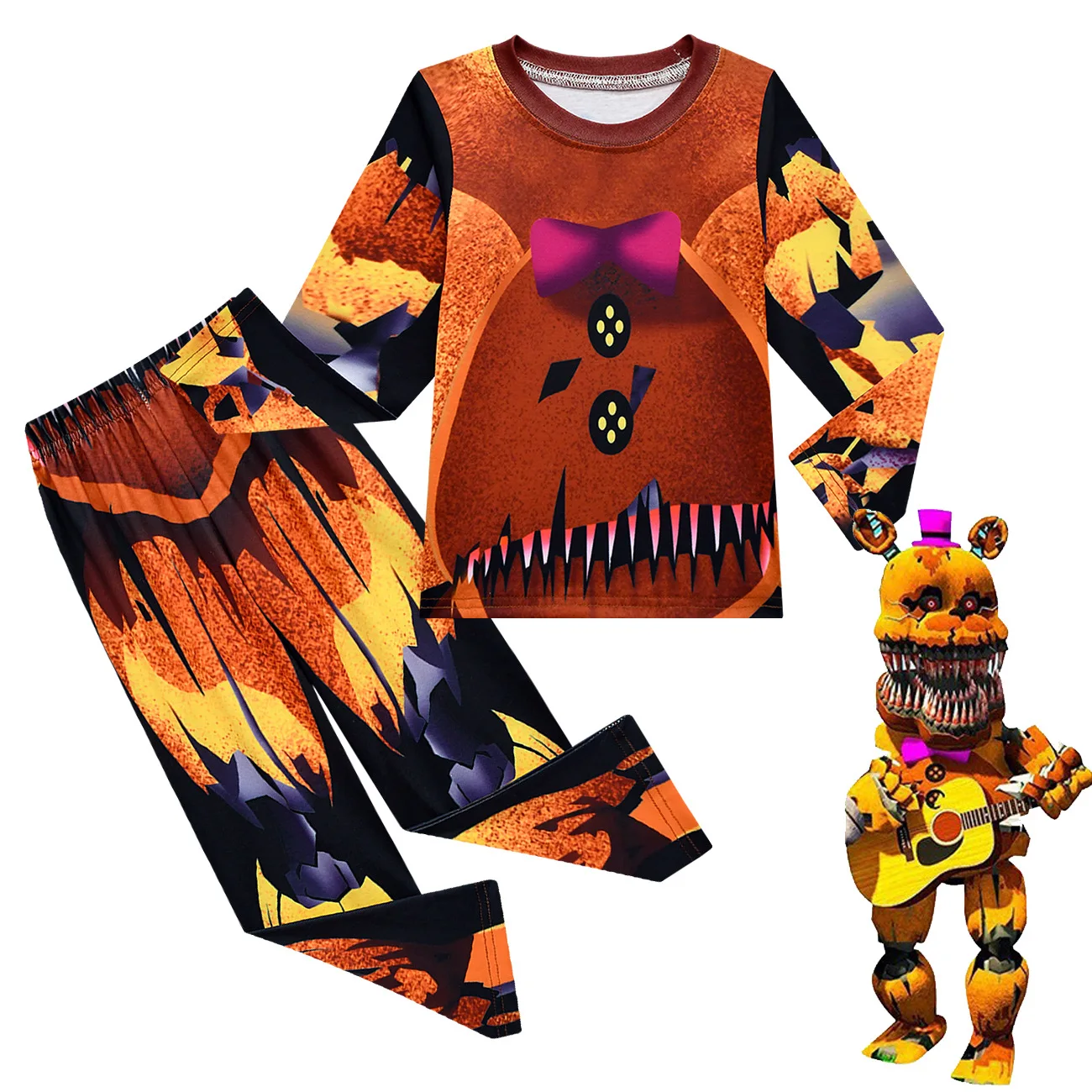 T-shirt a maniche lunghe per bambini Fnaf Freddy Horror Bear Set di pantaloni per ragazzi e ragazze, costume cosplay di Halloween di Natale