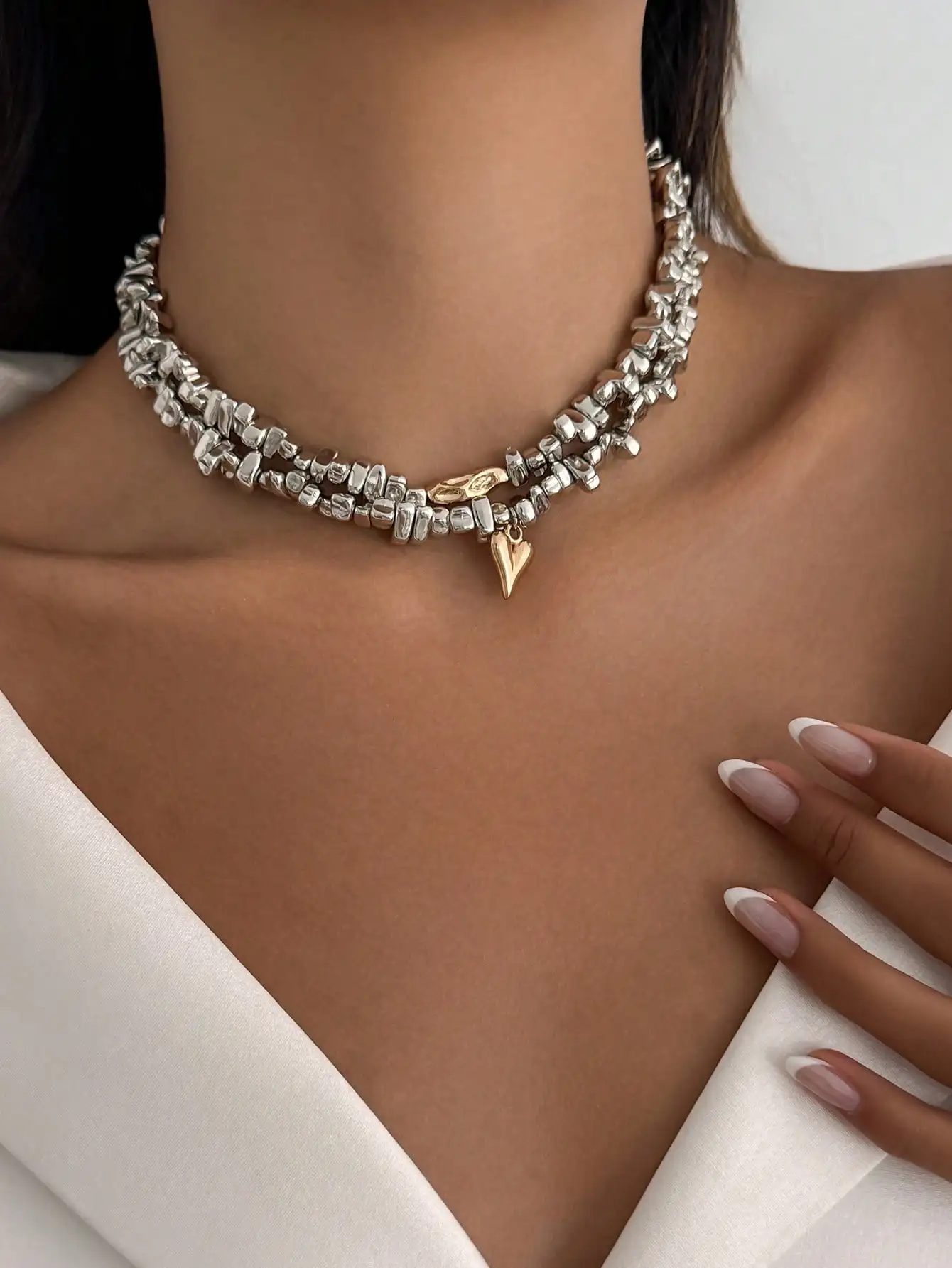 

Double Layer Chunky Beaded Choker Necklace with Gold Heart Charm