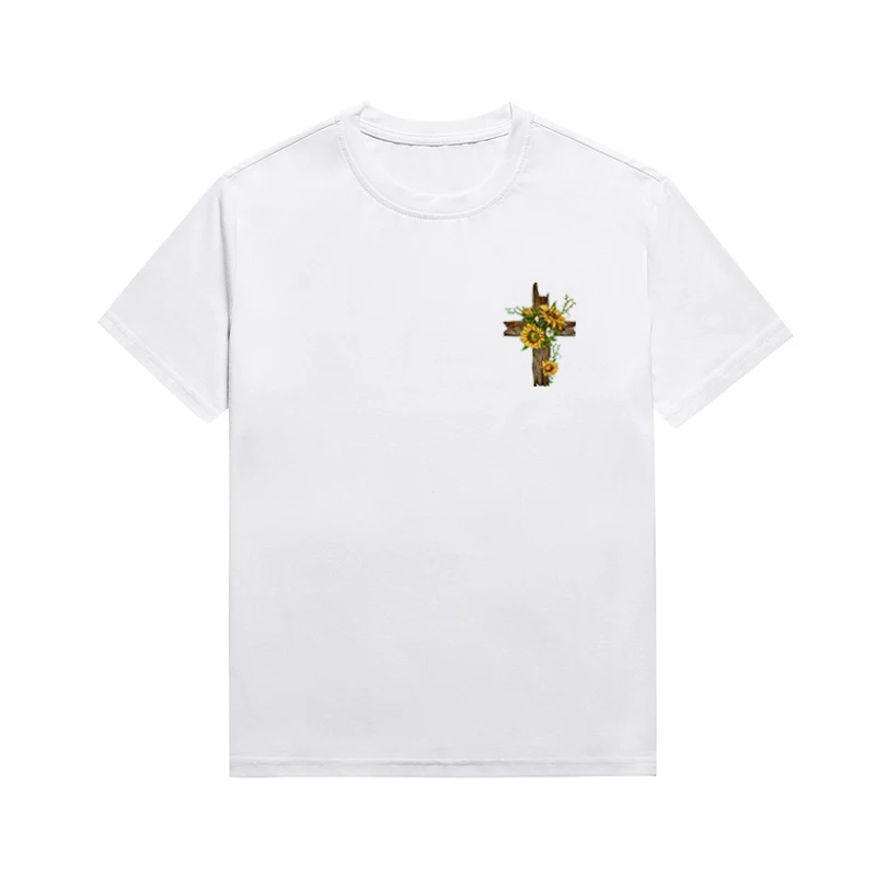 Christ Cross Graphic Female Tee Sunflower Print Top Christian Basic Style T Shirt Custom Tees