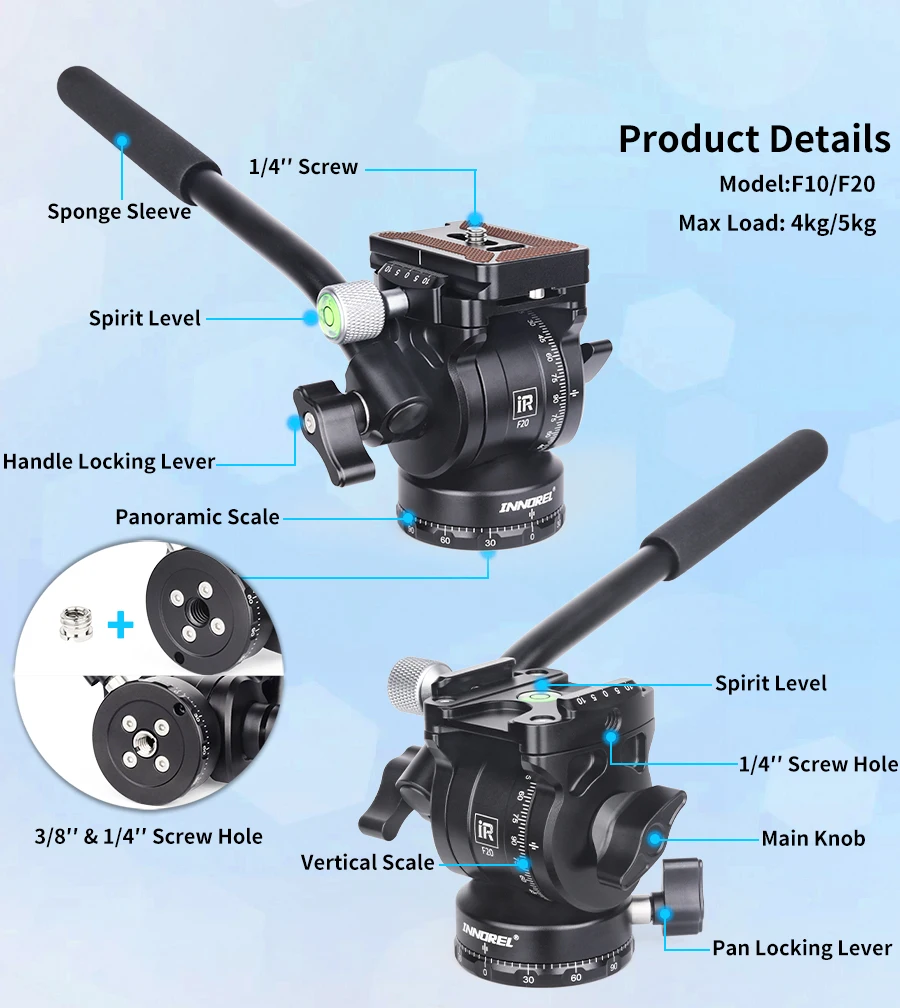 INNOREL F10/F20 Mini Stativ Flüssigkeit Kopf Neigung Kopf, Metall Kamera Video Stativ Kopf mit Arca Swiss Q.R.Platten für Video DSLR Kamera – Detail 2
