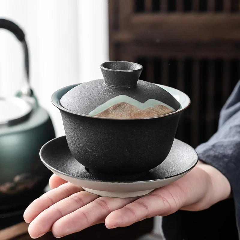 Yuanshan Rough Pottery Cover Bowl Ceramic Tea Cup Tea Bowl Zen Black Pottery Household Kung Fu Tea Set Accessories Tea Cup