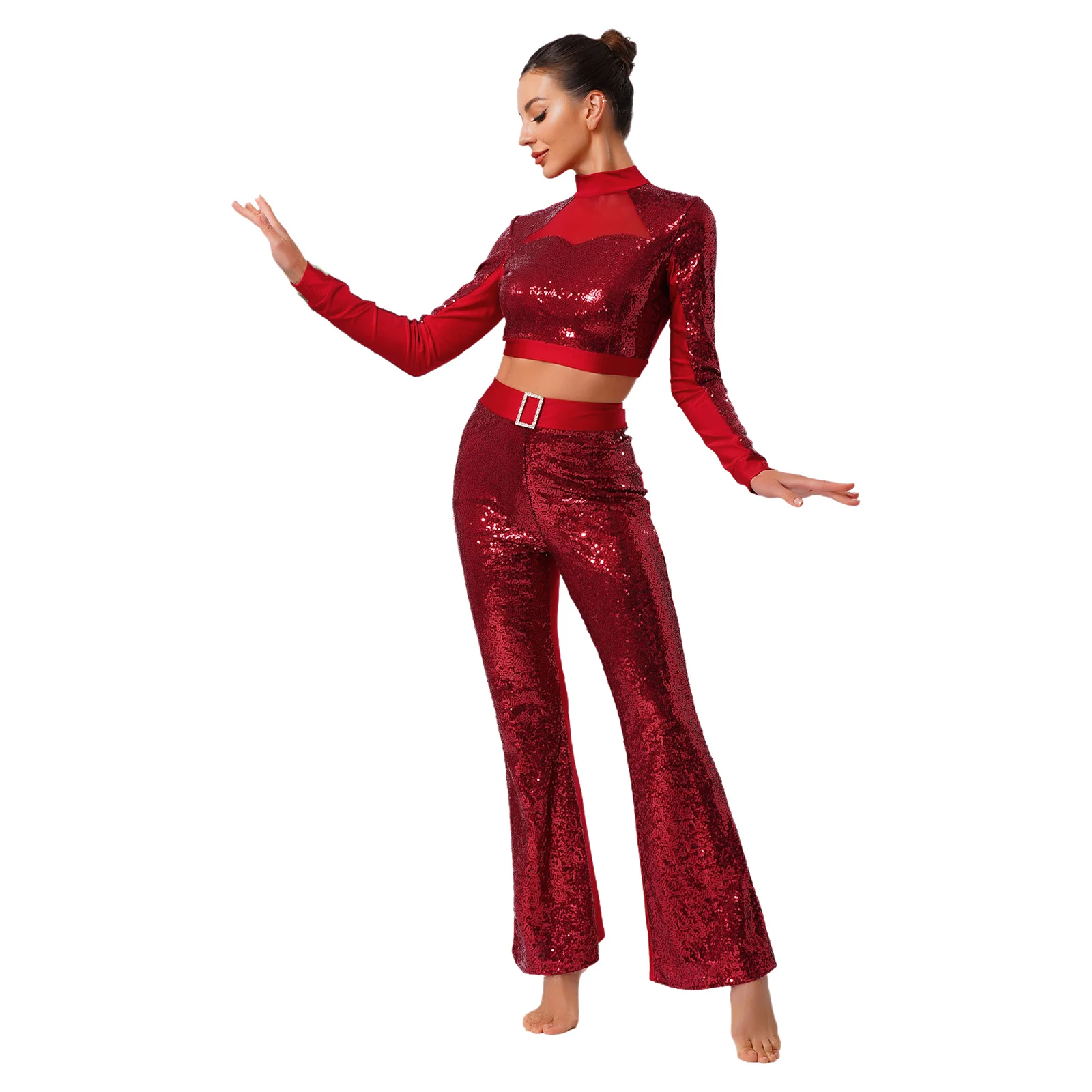 

Womens Jazz Latin Rock Music Dance Performance Costume Sequin Long Sleeve Crop Tops+Flared Pants 2-piece Shiny Dancewear Suits
