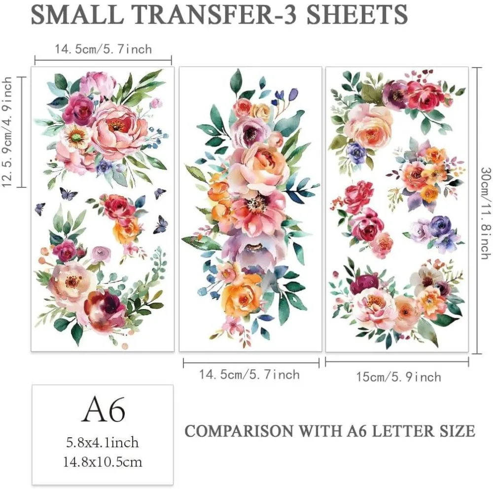 3pcs Watercolor Flower Rub on Transfers for Furniture and Crafts 6x12 inch Roses Decor Transfer Stickers Floral Rub on Decals