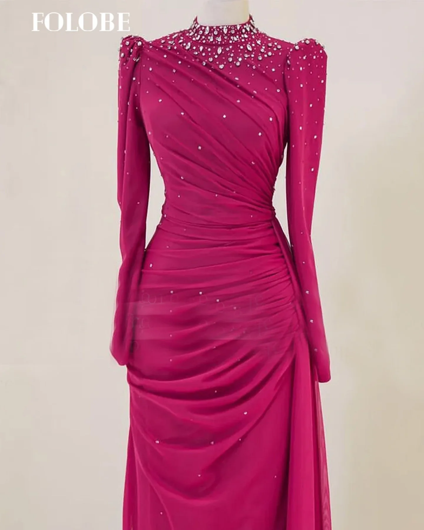 فستان سهرة من FOLOBE فوشيا بكريستال وأكمام طويلة ورقبة عالية فساتين سهرة متواضعة للنساء فستان زفاف مخصص
