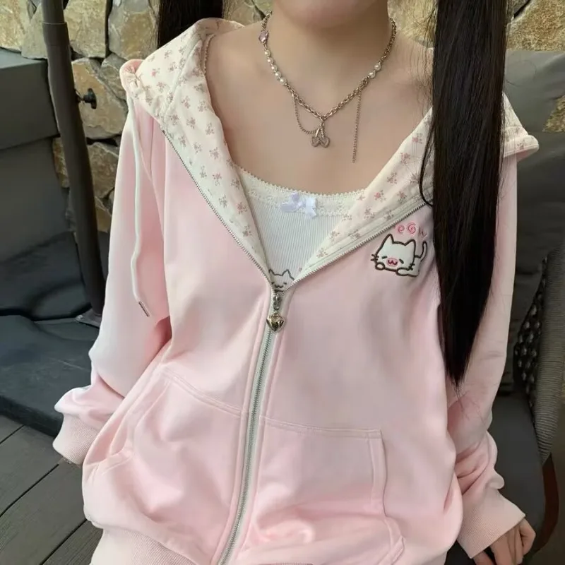 Harajuku корейское кавайное пальто с капюшоном женское тонкое кардиган на молнии с длинными рукавами Y2K уличная одежда новые свободные куртки средней длины