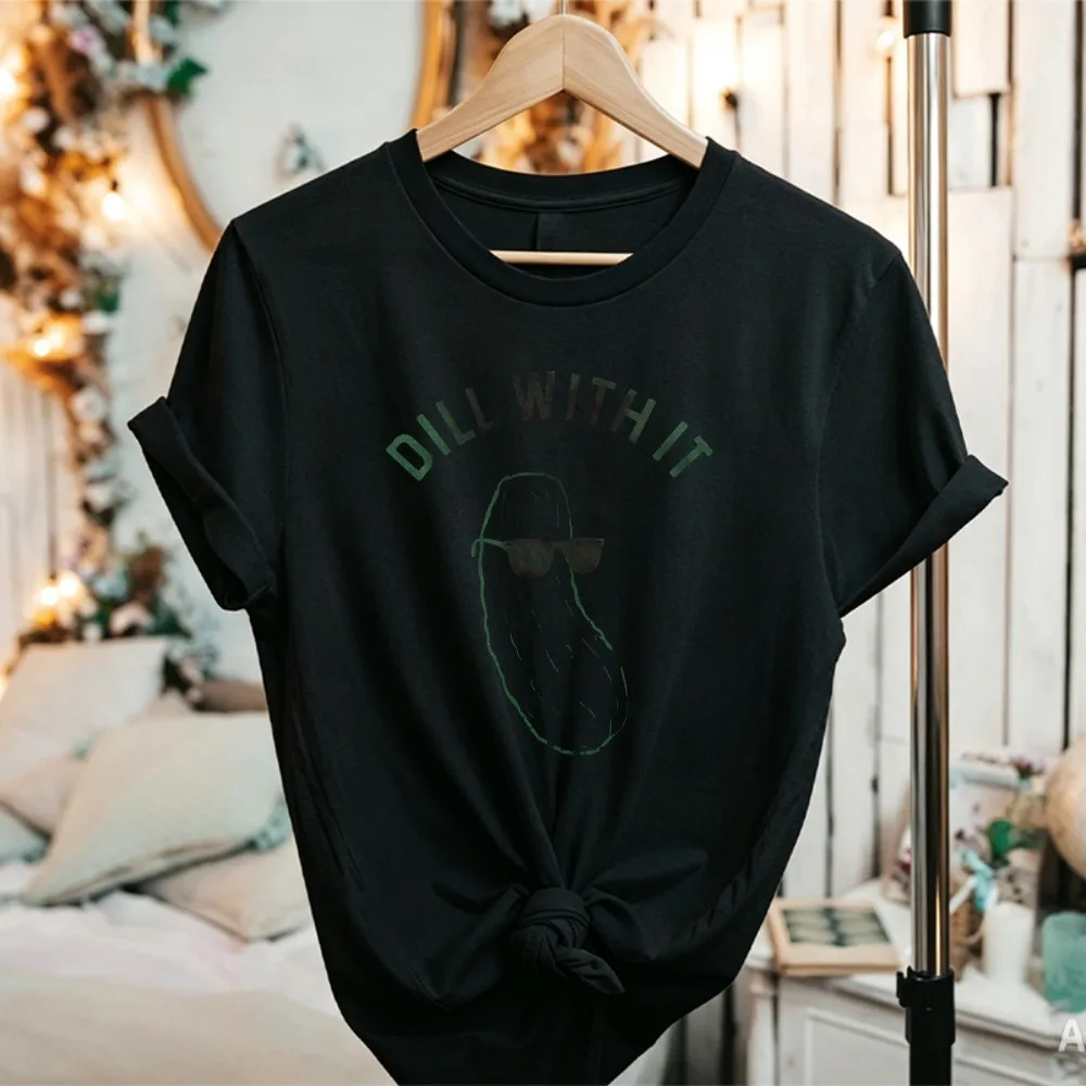 Dill with It Cool Pickle Sunglasses Funny Pun Graphic T-Shirt Dill Pickle Humor Print Unisex Casual Food Lover Joke Cotton Tees