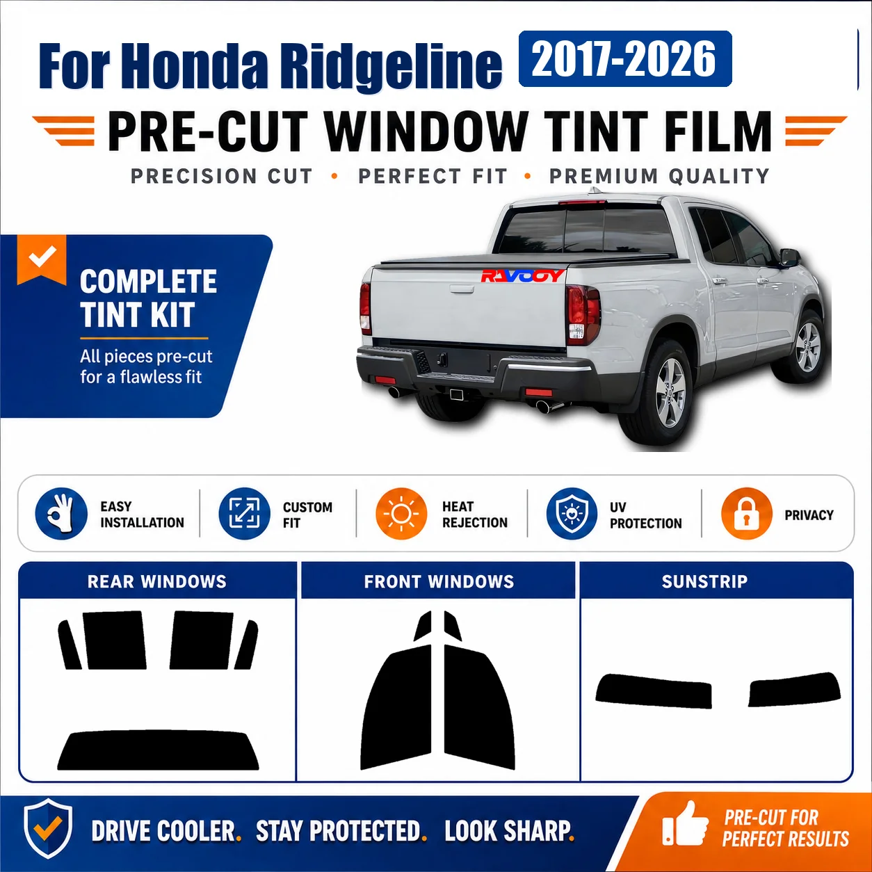 For Honda Ridgeline 2017-2026 Window Tint Film Complete Window UV Heat Rejection