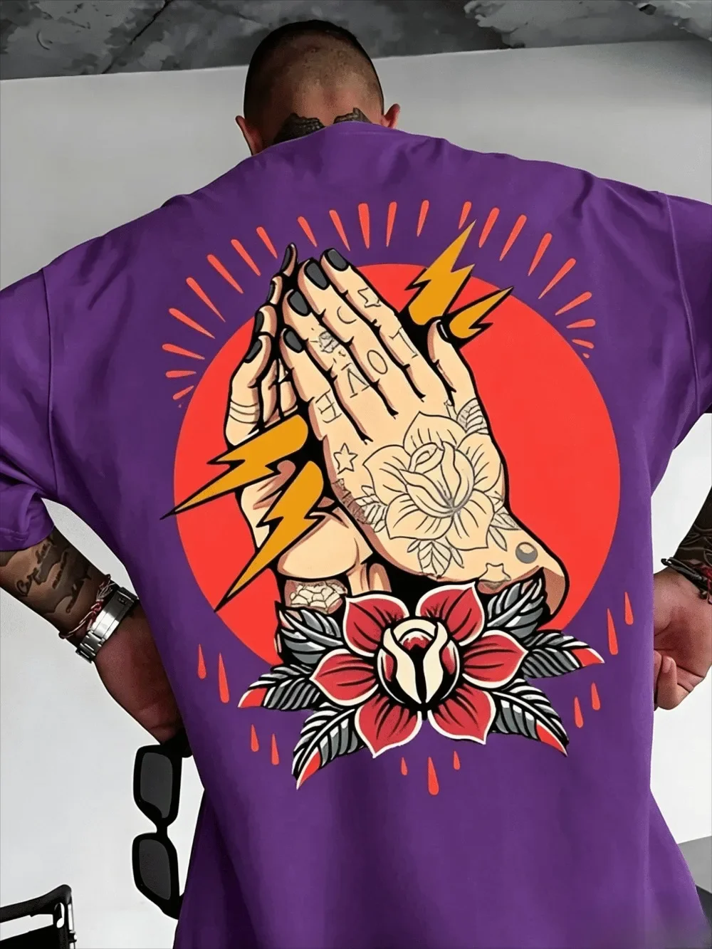 Amerikanisches Retro-Tattoo-Kunst-Gebet, 3D-Druck, atmungsaktiv, schnelltrocknend, lockeres, großes Herren-T-Shirt, Street-Casual-Hip-Hop-Oberteil – Detail 6