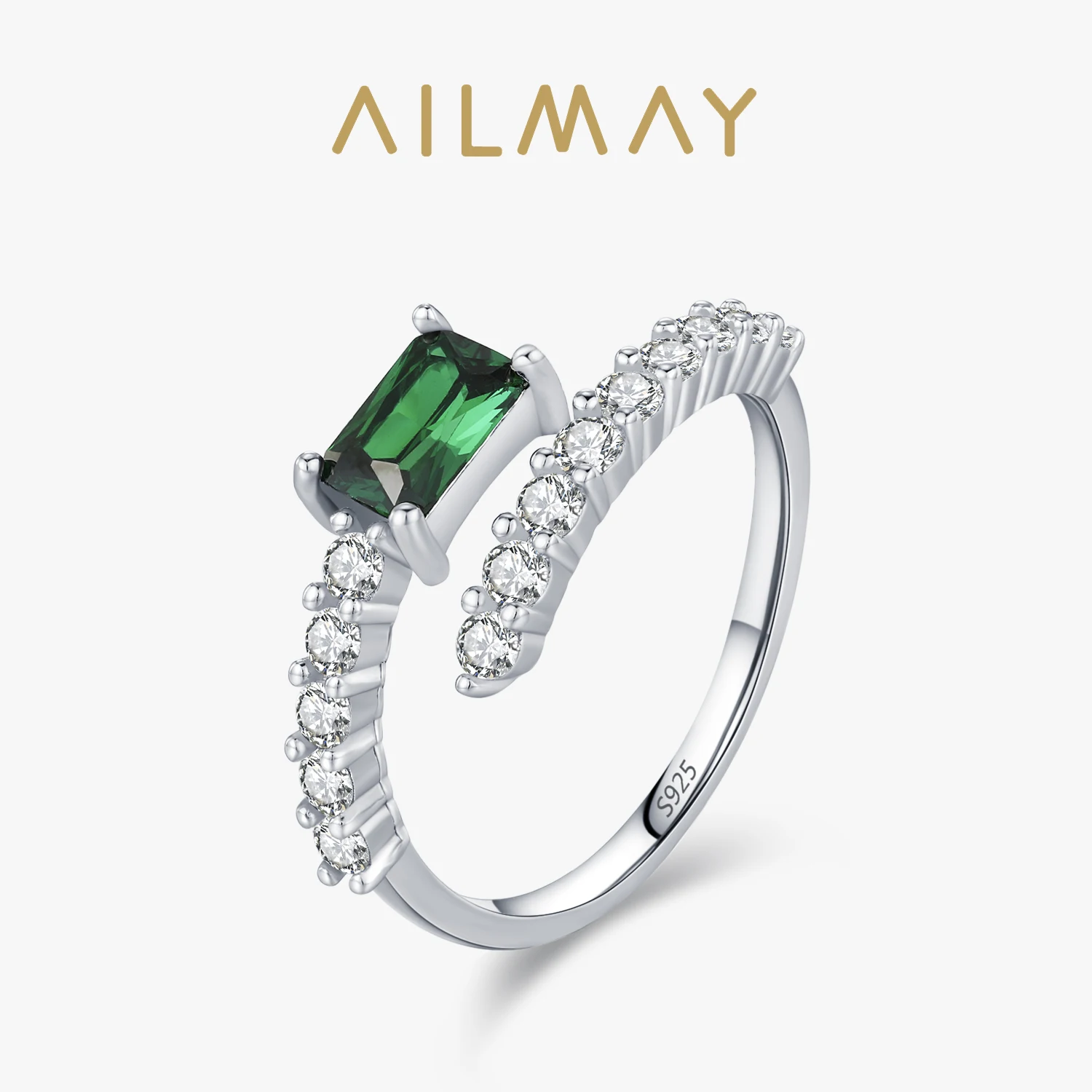 

Ailmay, новый стиль, элегантное открытое регулируемое кольцо из стерлингового серебра 925 пробы с зеленым прямоугольным цирконом для женщин, свадебные украшения, подарок