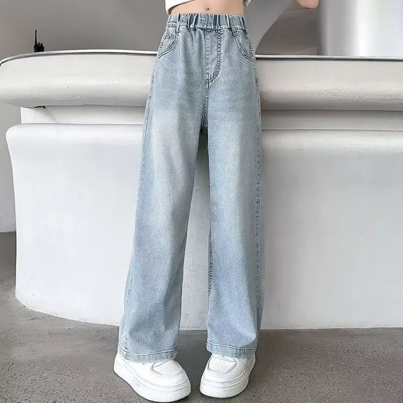 Tencel Wide Leg Jeans Thin Summer Style for Middle And Large Girls Fashionable Slimming Long Pants Korean Version Cotton Blend