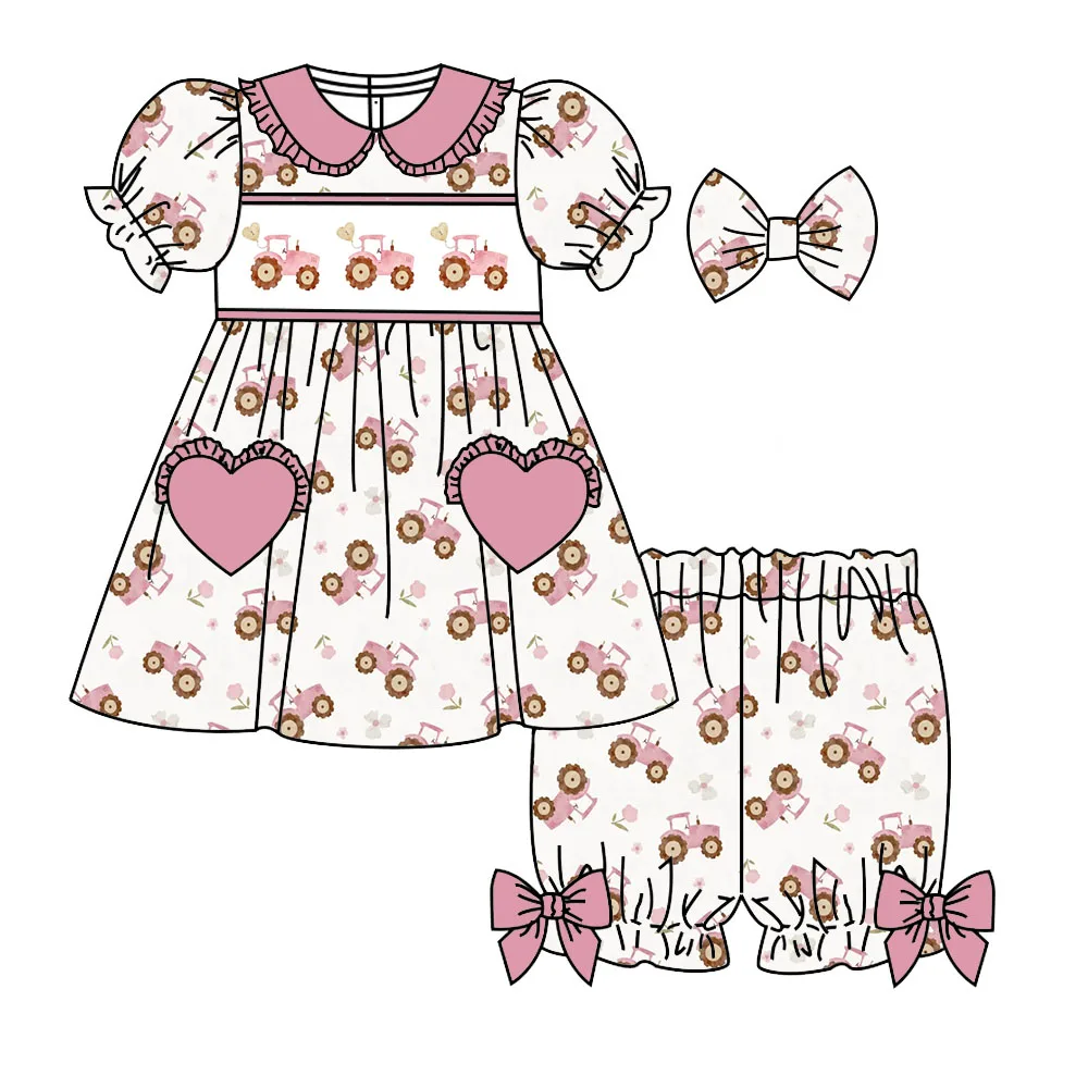 Girls' pajama set short-sleeve shorts heart-shaped pocket bow decoration car print custom wholesale available