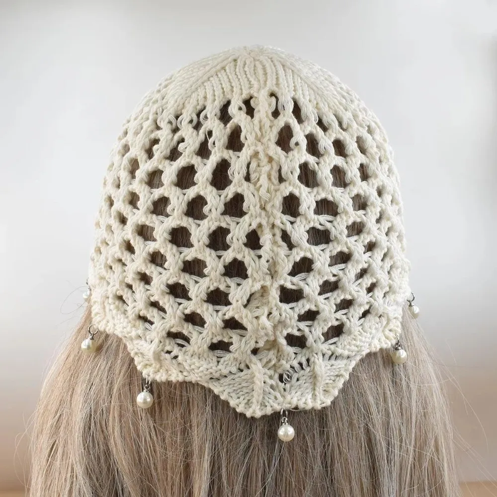 Hollow Out Crochet Knitted Hat Adjustable Beads Tassels Hollow Knit Cap Handmade Charm Pullover Style Mesh Knitted Hat Women