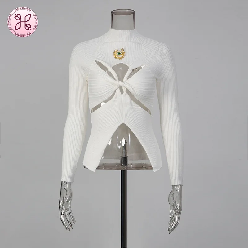 

Metal Accessory Decoration Long Sleeve Sweater Heavy Design Sense Trendy, Sexy Style Chest Knot Hollow Knit Top Women