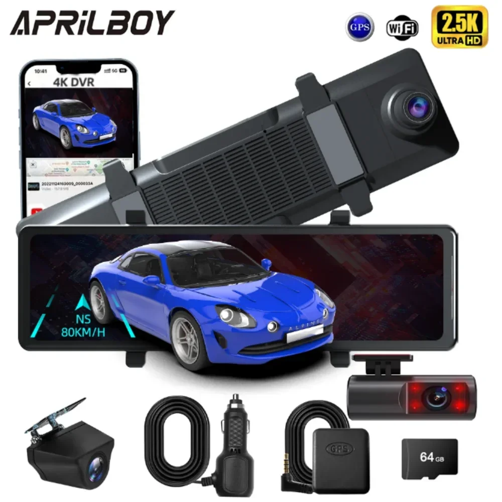 Aprilboy 12''Dash Cam 3Channel Rearview Mirror Front Inside Rear 2.5K Stream Mirror DashCam WiFi Night Vision Reverse Assistance