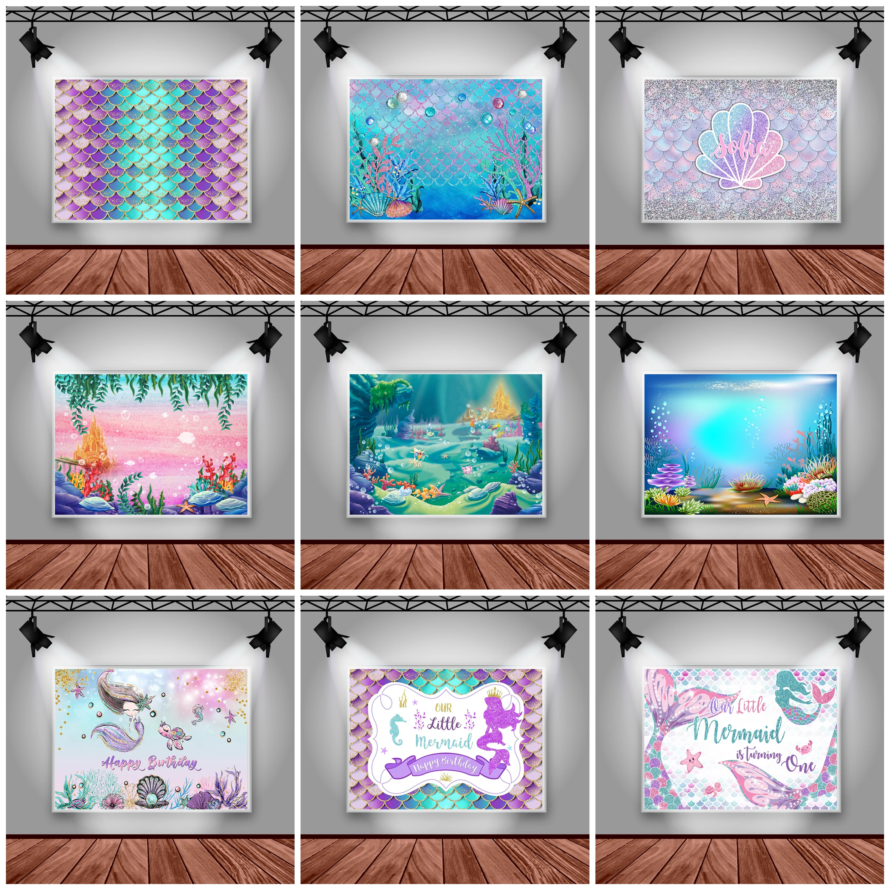 Arrière-plan de photographie sirène à paillettes, château sous-marin, décoration de fête d'anniversaire pour nouveau-né, gâteau Smash, accessoires Photo