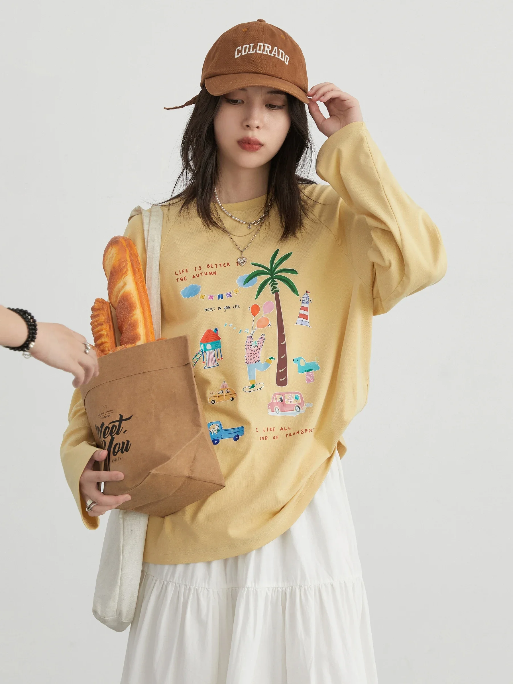 CHIC VEN Womne\'s T-Shirts Loose Round Neck Cartoon Print Shoulder Long Sleeved Female Tees Woman Top Spring Autumn 2024